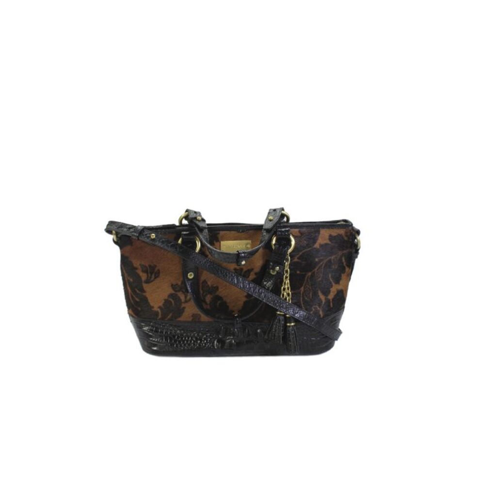 Brahmin Womens Leather Crocodile Floral Print Crossbody Shoulder Brown Black